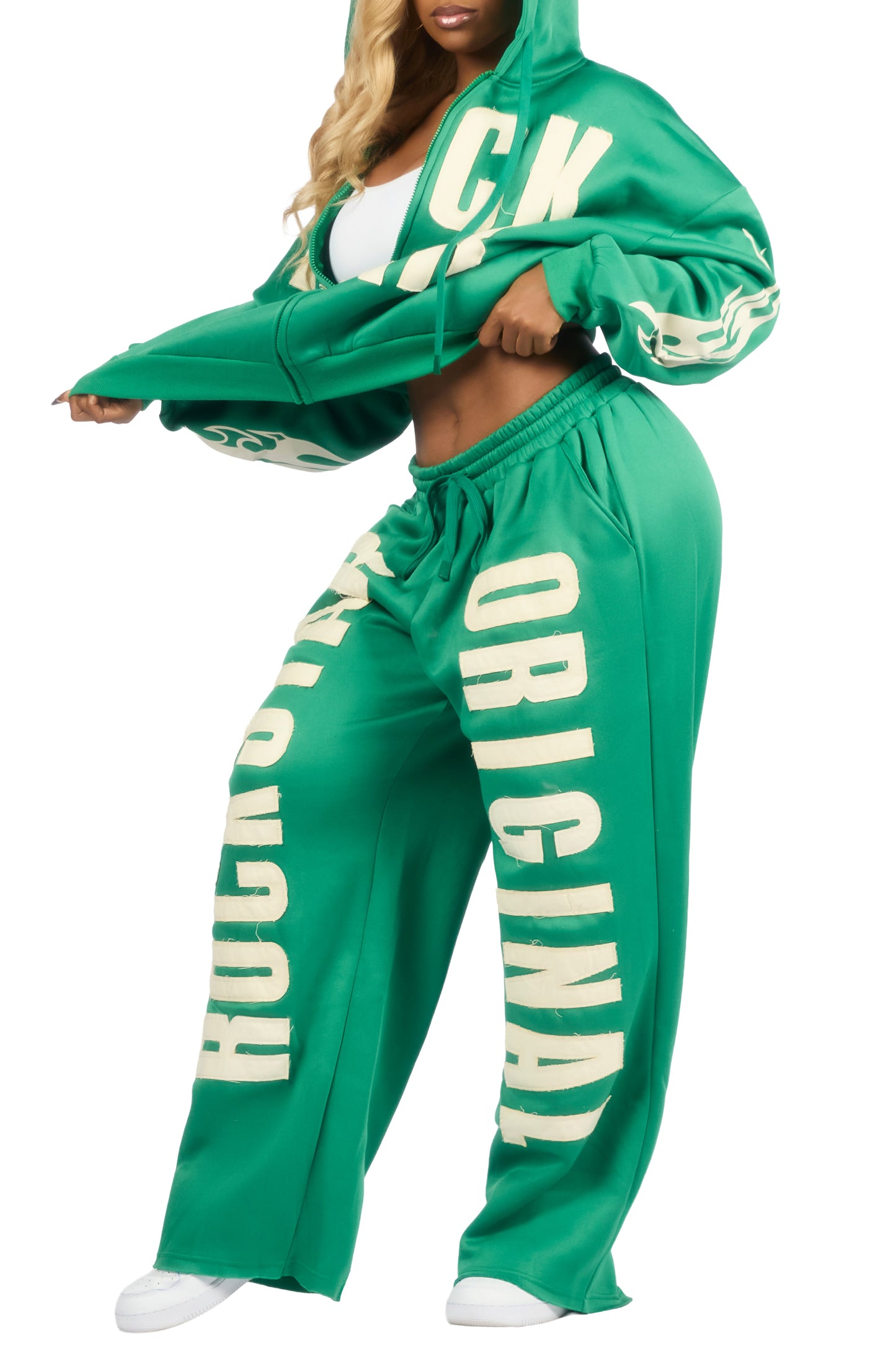 Ashira Green Baggy Fit Zip Up Track Set