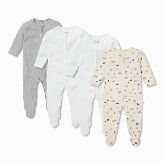 Bear Print Zip-Up Sleepsuit 4 Pack