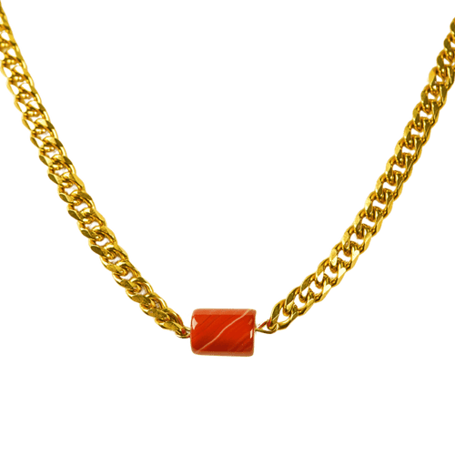Carnelian Barrel with Gold Link Chain Necklace