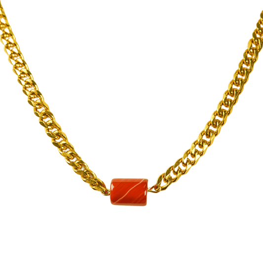 Carnelian Barrel with Gold Link Chain Necklace