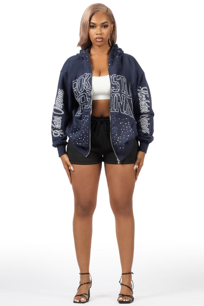 Alvina Navy Rhinestone Zip Up Hoodie