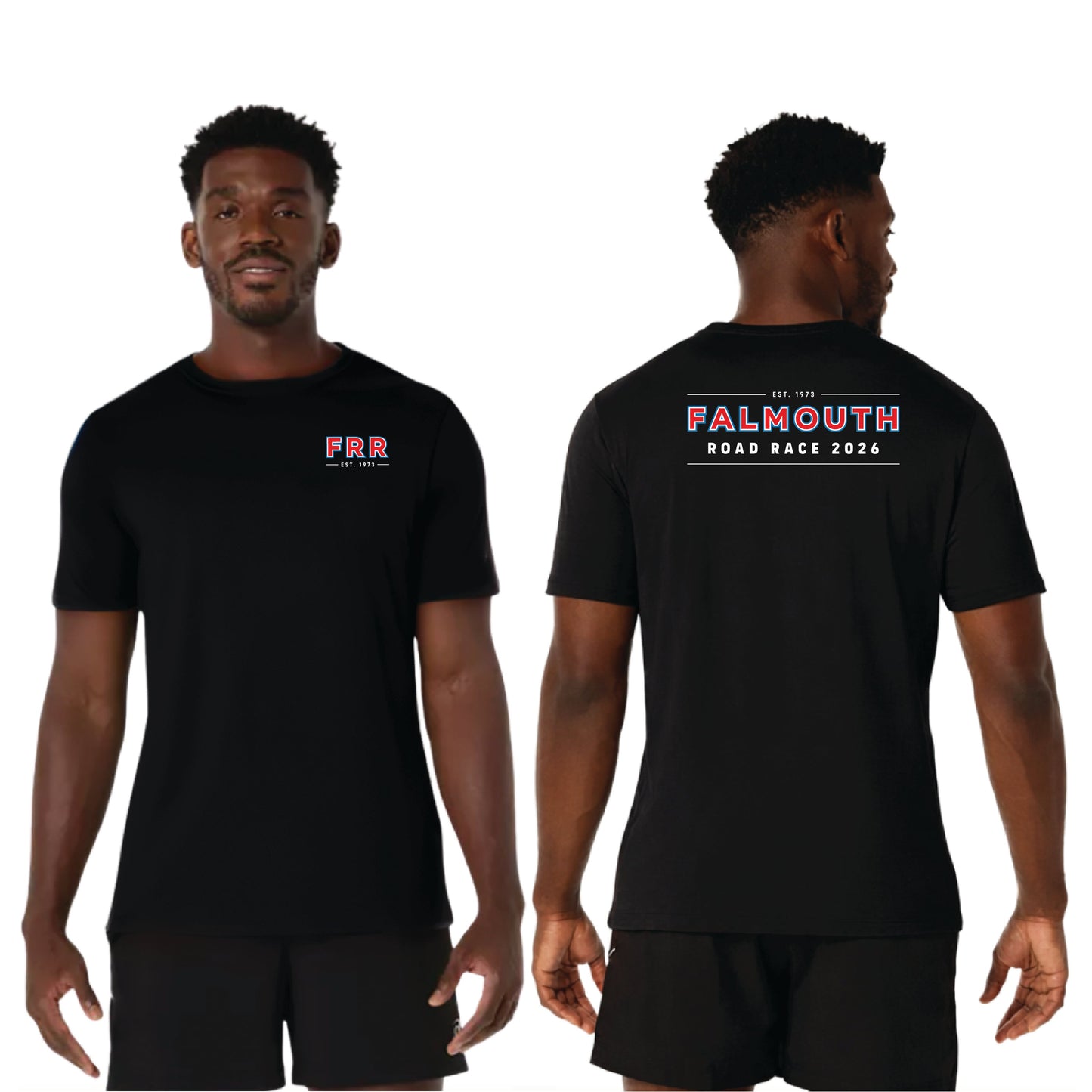 ASICS Falmouth Road Race 2026 - ASICS Men's PR Poly Cotton Short Sleeve Tee Black (2011D028) (FRR26-05 LC, FRR26-04 Back)