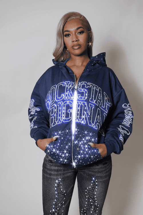 Alvina Navy Rhinestone Zip Up Hoodie
