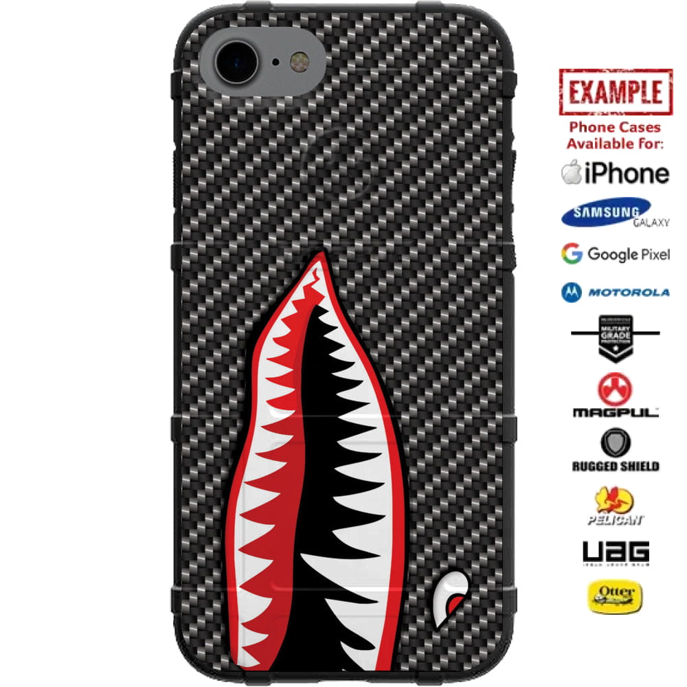 Black Carbon Fiber, Warhawk TigerShark Teeth A-10 Warthog Teeth Custom Printed Case Design for Apple, Samsung, Google & Motorola Phone Models