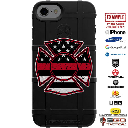 Firefighter Distressed Black American Flag Thin Red Line Fireman Maltese Cross Custom Printed Case Design for Apple, Samsung, Google & Motorola Phone Models