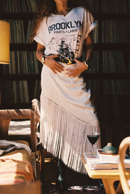 Frankie Cream Satin Jacquard Fringe Midi Skirt