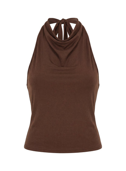 Katiana High Neck Cowl Top Brown