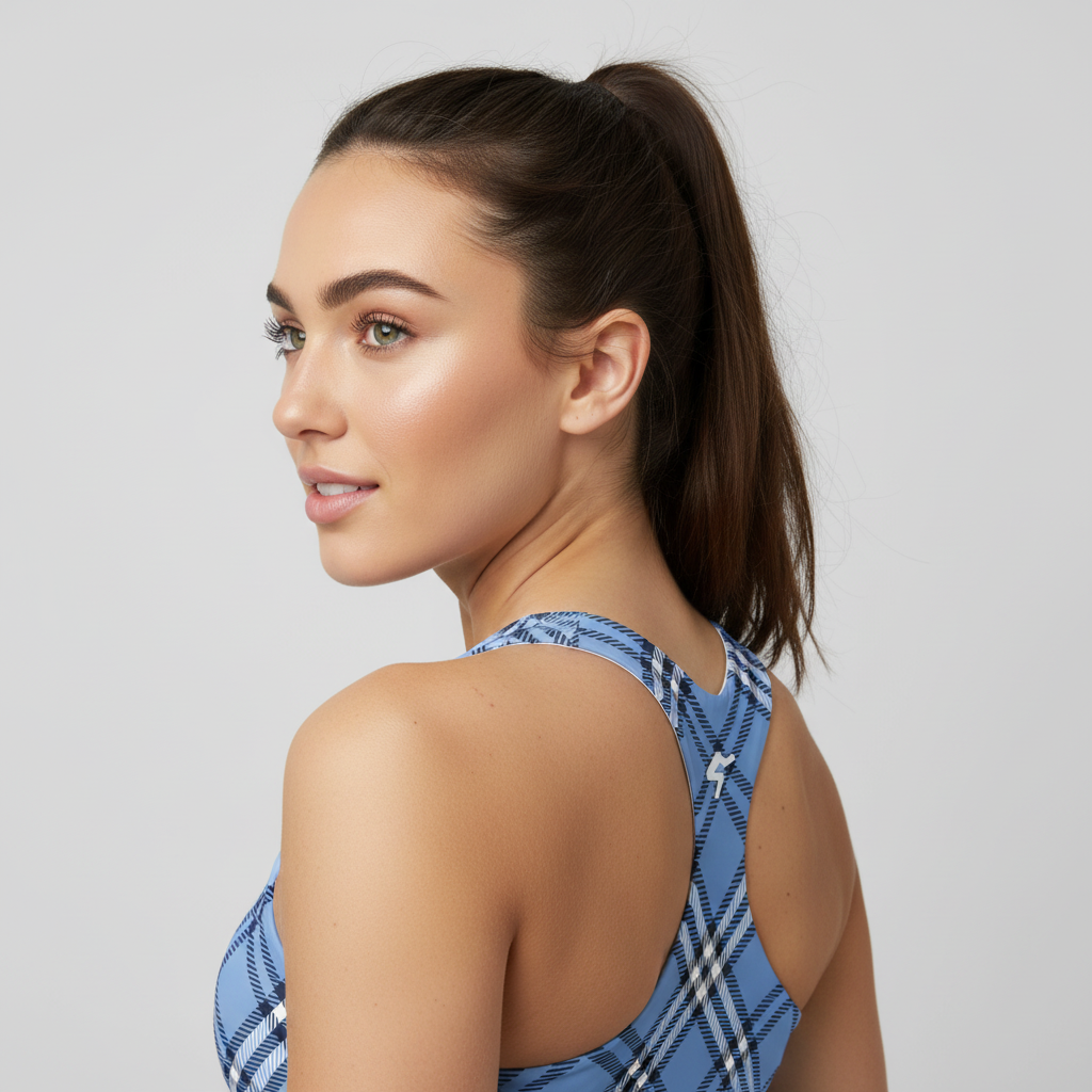 GymBum UK Highland Check Longline Sports Bra - Blue