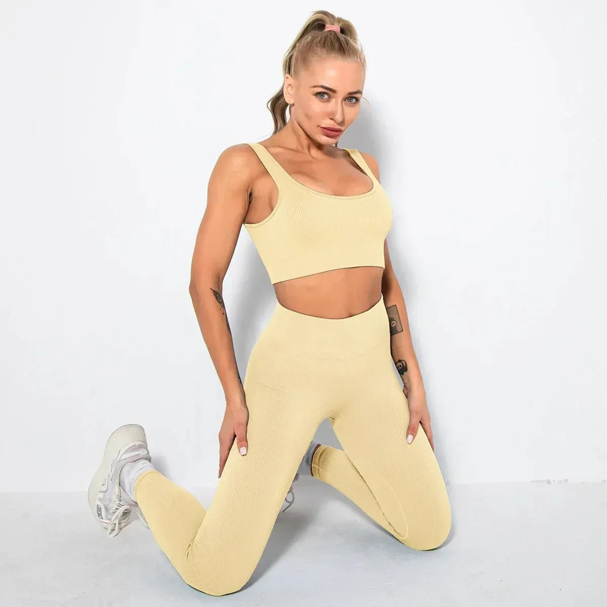 Summer Seamless Fitness Set - Sexy UV Neck Top With Leggings Activewear 2 Piece Women’s Gym Outfit
