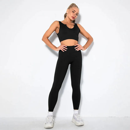 Summer Seamless Fitness Set - Sexy UV Neck Top With Leggings Activewear 2 Piece Women’s Gym Outfit