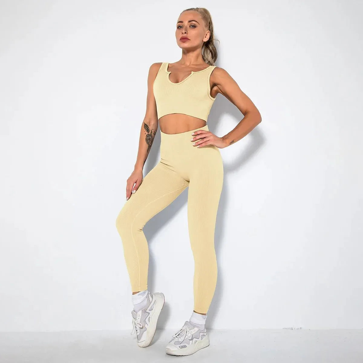 Summer Seamless Fitness Set - Sexy UV Neck Top With Leggings Activewear 2 Piece Women’s Gym Outfit