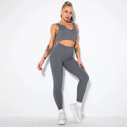 Summer Seamless Fitness Set - Sexy UV Neck Top With Leggings Activewear 2 Piece Women’s Gym Outfit