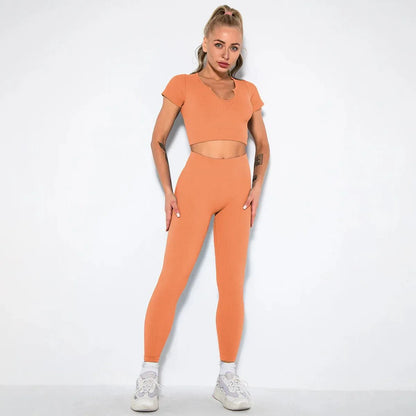 Summer Seamless Fitness Set - Sexy UV Neck Top With Leggings Activewear 2 Piece Women’s Gym Outfit