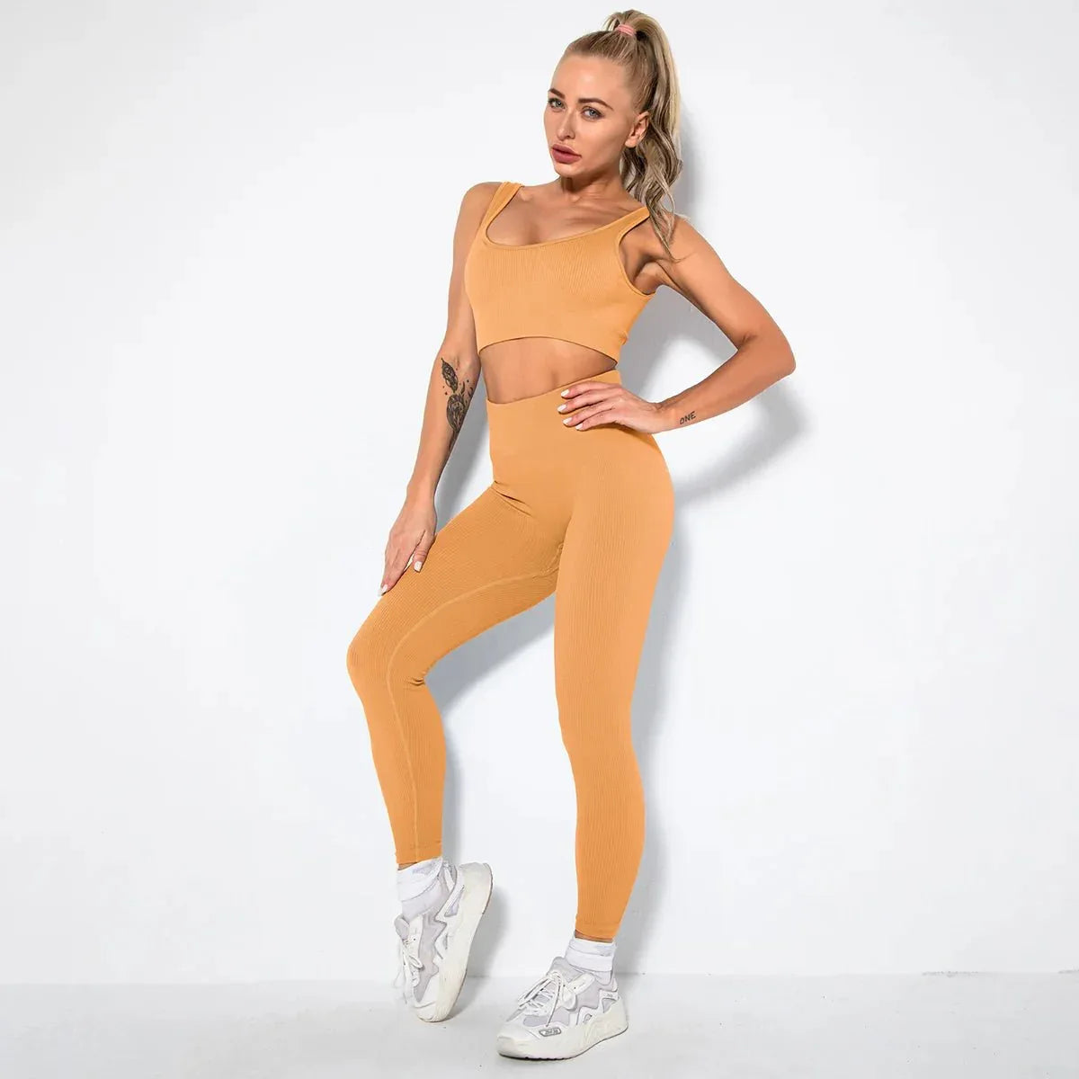 Summer Seamless Fitness Set - Sexy UV Neck Top With Leggings Activewear 2 Piece Women’s Gym Outfit