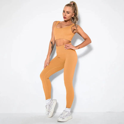 Summer Seamless Fitness Set - Sexy UV Neck Top With Leggings Activewear 2 Piece Women’s Gym Outfit