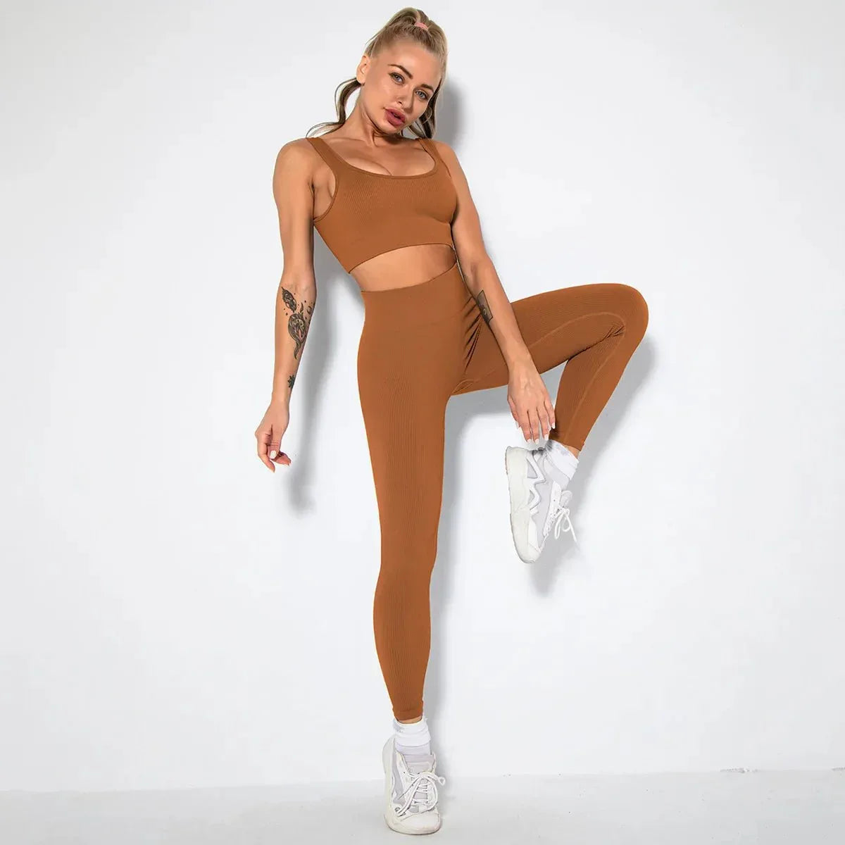Summer Seamless Fitness Set - Sexy UV Neck Top With Leggings Activewear 2 Piece Women’s Gym Outfit