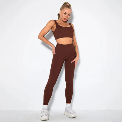 Summer Seamless Fitness Set - Sexy UV Neck Top With Leggings Activewear 2 Piece Women’s Gym Outfit