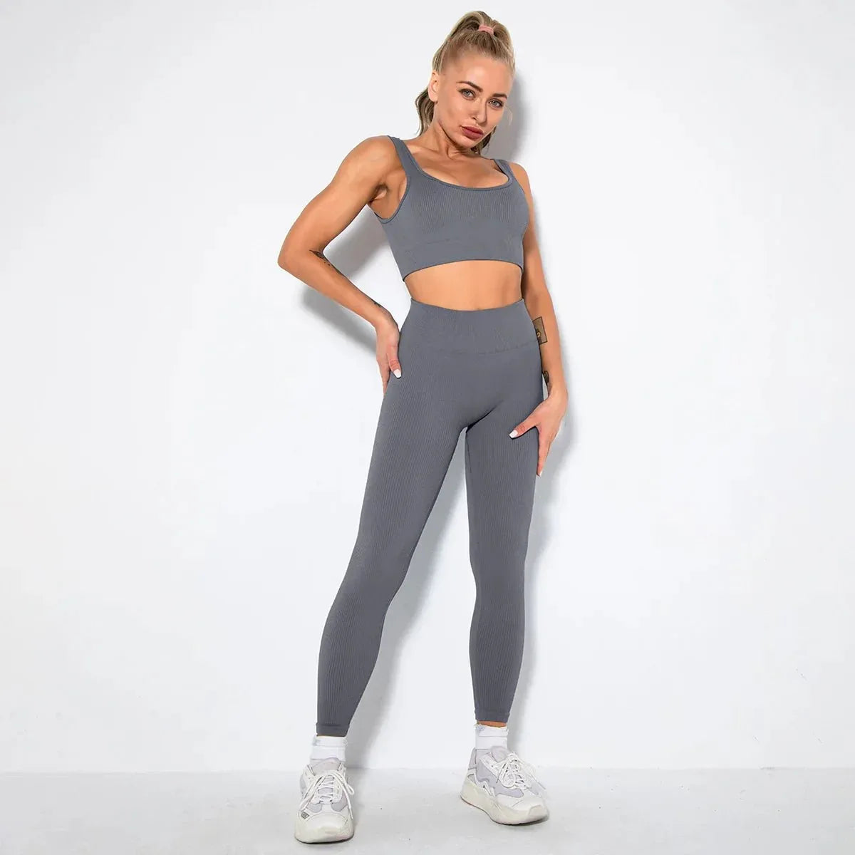Summer Seamless Fitness Set - Sexy UV Neck Top With Leggings Activewear 2 Piece Women’s Gym Outfit