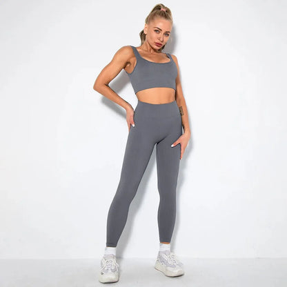 Summer Seamless Fitness Set - Sexy UV Neck Top With Leggings Activewear 2 Piece Women’s Gym Outfit