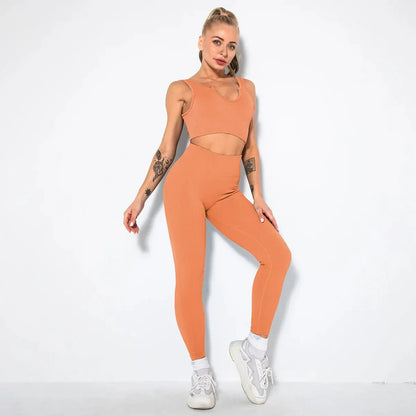 Summer Seamless Fitness Set - Sexy UV Neck Top With Leggings Activewear 2 Piece Women’s Gym Outfit