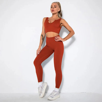 Summer Seamless Fitness Set - Sexy UV Neck Top With Leggings Activewear 2 Piece Women’s Gym Outfit