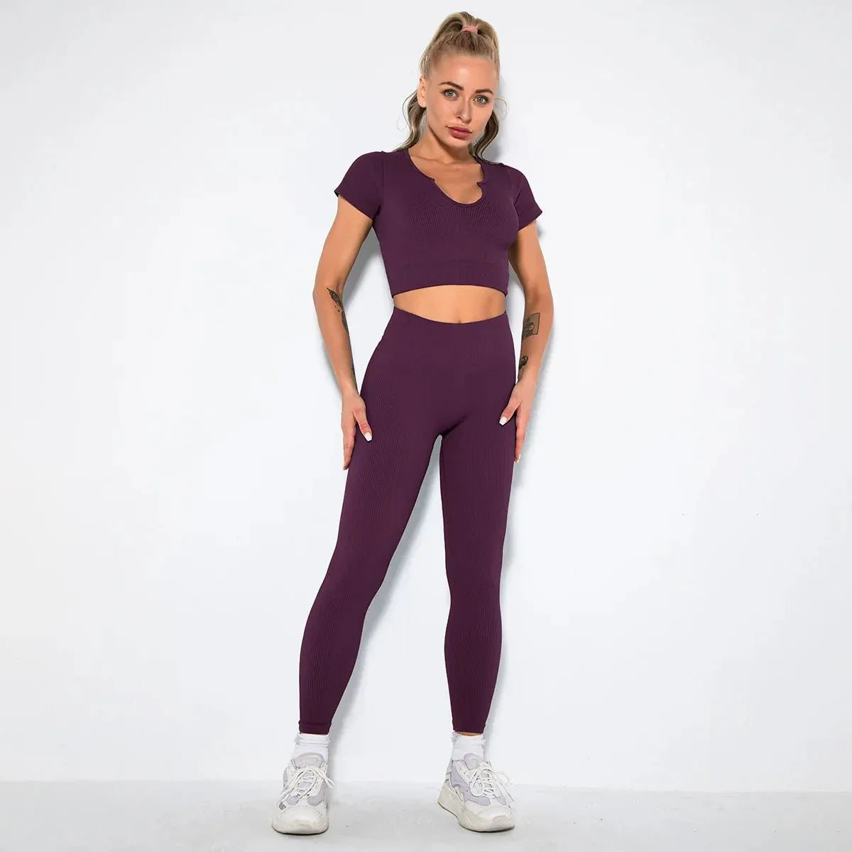 Summer Seamless Fitness Set - Sexy UV Neck Top With Leggings Activewear 2 Piece Women’s Gym Outfit