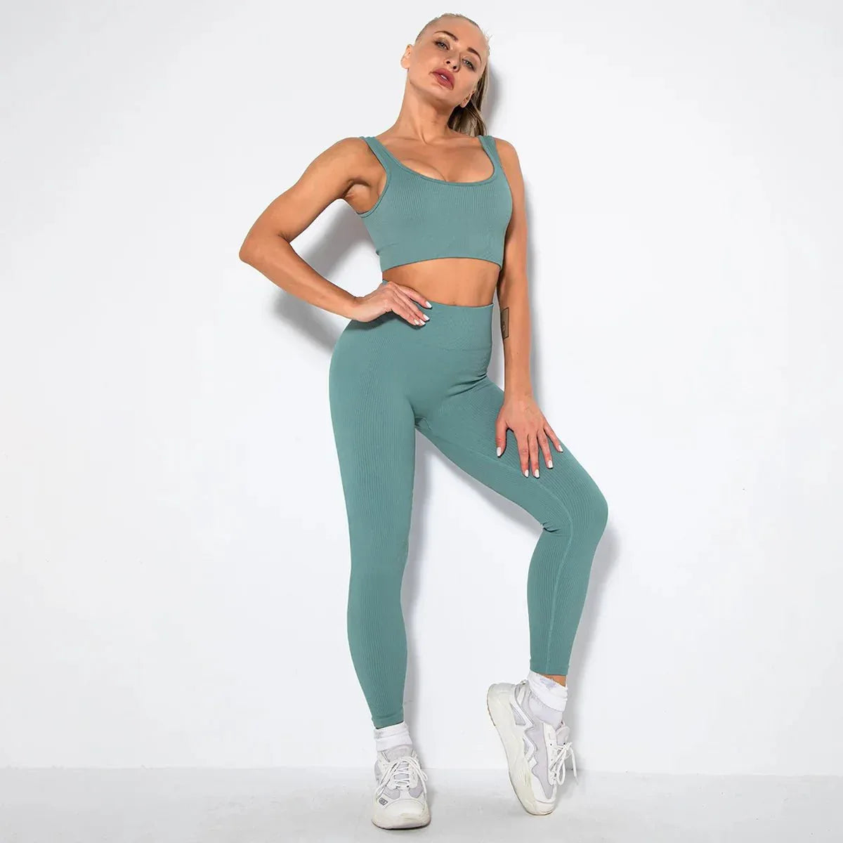 Summer Seamless Fitness Set - Sexy UV Neck Top With Leggings Activewear 2 Piece Women’s Gym Outfit