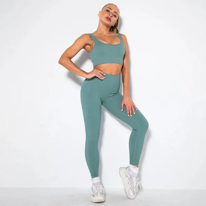Summer Seamless Fitness Set - Sexy UV Neck Top With Leggings Activewear 2 Piece Women’s Gym Outfit