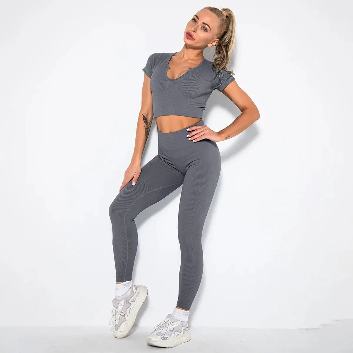 Summer Seamless Fitness Set - Sexy UV Neck Top With Leggings Activewear 2 Piece Women’s Gym Outfit