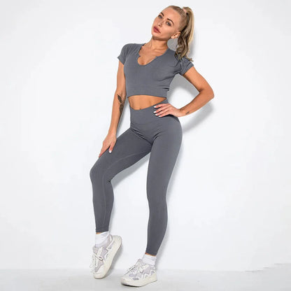 Summer Seamless Fitness Set - Sexy UV Neck Top With Leggings Activewear 2 Piece Women’s Gym Outfit