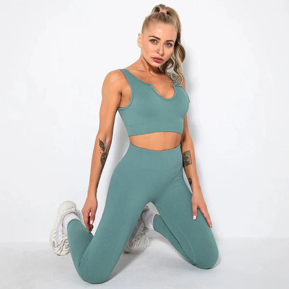 Summer Seamless Fitness Set - Sexy UV Neck Top With Leggings Activewear 2 Piece Women’s Gym Outfit