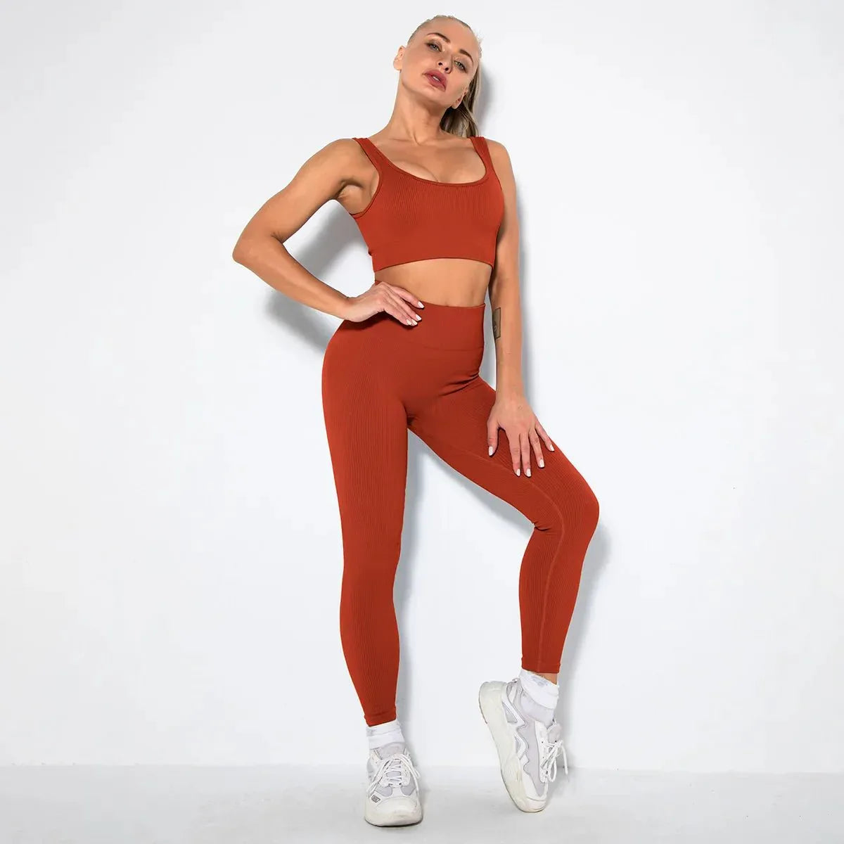 Summer Seamless Fitness Set - Sexy UV Neck Top With Leggings Activewear 2 Piece Women’s Gym Outfit