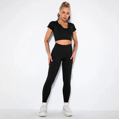 Summer Seamless Fitness Set - Sexy UV Neck Top With Leggings Activewear 2 Piece Women’s Gym Outfit