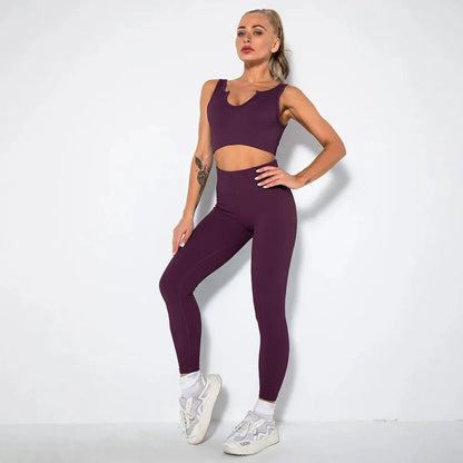 Summer Seamless Fitness Set - Sexy UV Neck Top With Leggings Activewear 2 Piece Women’s Gym Outfit