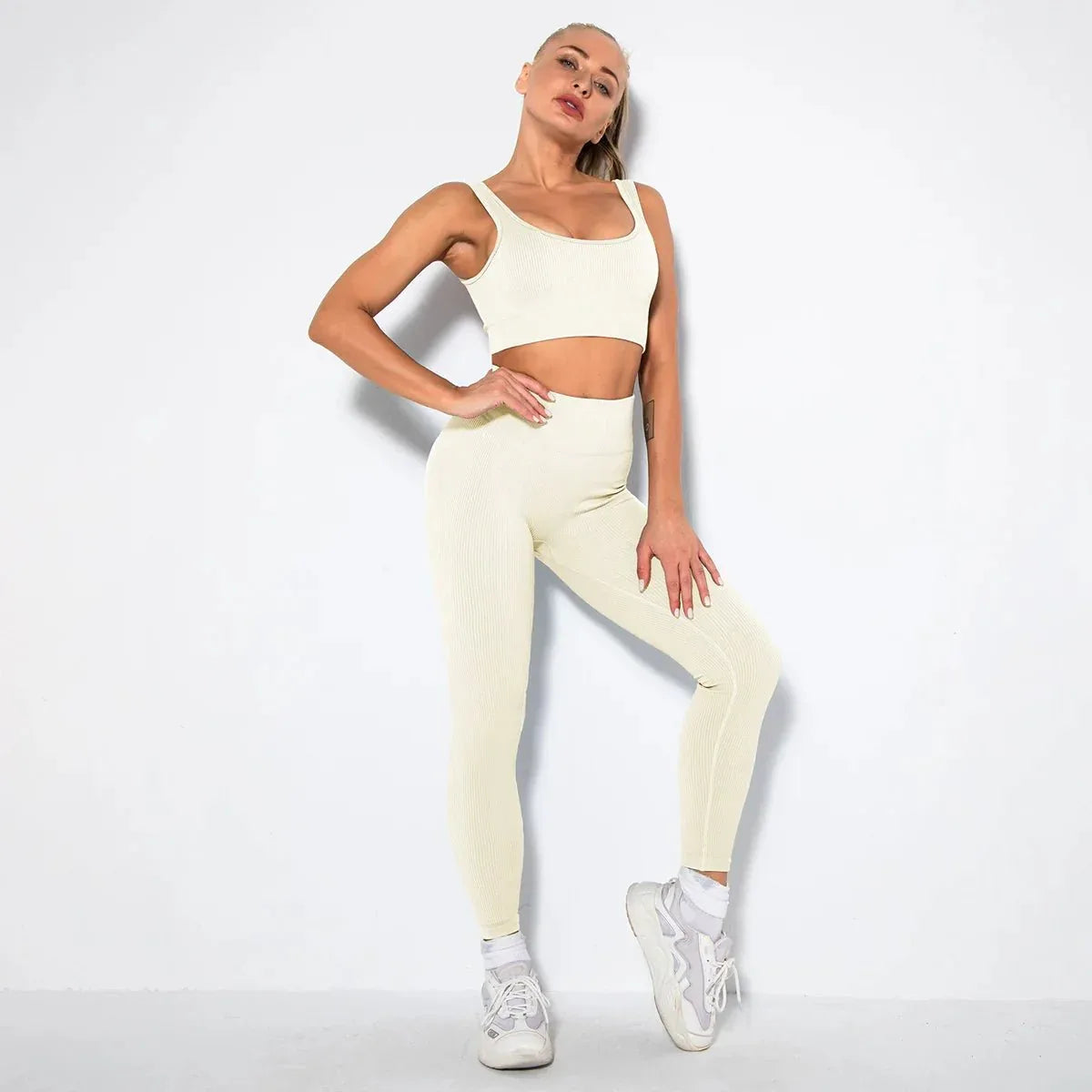 Summer Seamless Fitness Set - Sexy UV Neck Top With Leggings Activewear 2 Piece Women’s Gym Outfit