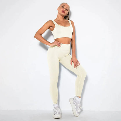 Summer Seamless Fitness Set - Sexy UV Neck Top With Leggings Activewear 2 Piece Women’s Gym Outfit