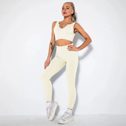 Summer Seamless Fitness Set - Sexy UV Neck Top With Leggings Activewear 2 Piece Women’s Gym Outfit