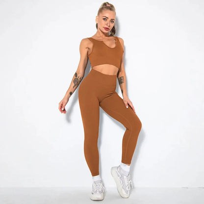 Summer Seamless Fitness Set - Sexy UV Neck Top With Leggings Activewear 2 Piece Women’s Gym Outfit