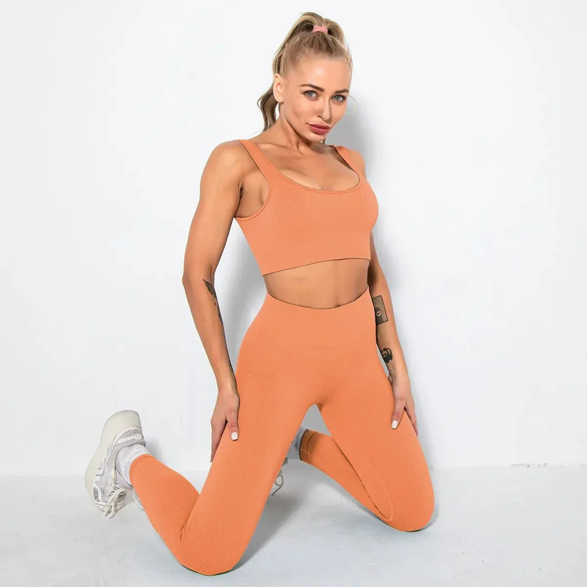 Summer Seamless Fitness Set - Sexy UV Neck Top With Leggings Activewear 2 Piece Women’s Gym Outfit