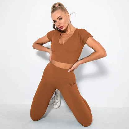 Summer Seamless Fitness Set - Sexy UV Neck Top With Leggings Activewear 2 Piece Women’s Gym Outfit