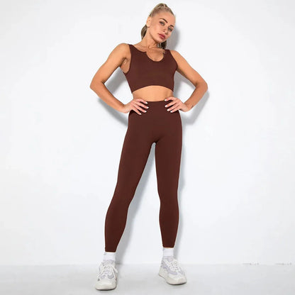 Summer Seamless Fitness Set - Sexy UV Neck Top With Leggings Activewear 2 Piece Women’s Gym Outfit
