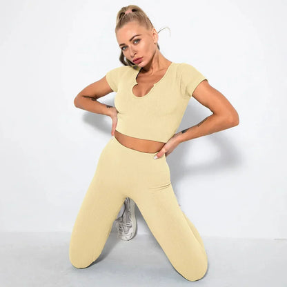 Summer Seamless Fitness Set - Sexy UV Neck Top With Leggings Activewear 2 Piece Women’s Gym Outfit