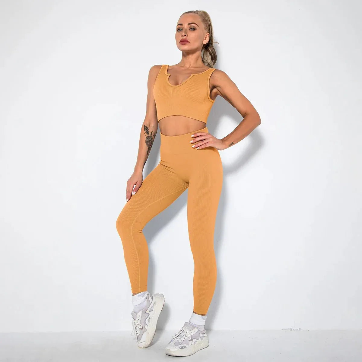 Summer Seamless Fitness Set - Sexy UV Neck Top With Leggings Activewear 2 Piece Women’s Gym Outfit