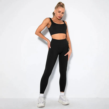 Summer Seamless Fitness Set - Sexy UV Neck Top With Leggings Activewear 2 Piece Women’s Gym Outfit