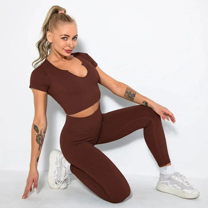 Summer Seamless Fitness Set - Sexy UV Neck Top With Leggings Activewear 2 Piece Women’s Gym Outfit