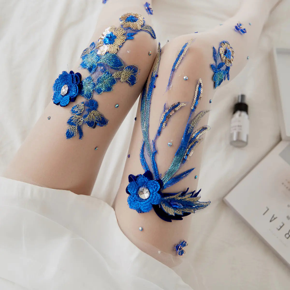 Embroidered Cherry Blue Banshee Pattern Stockings