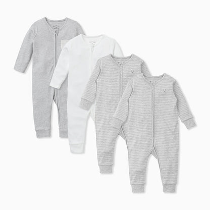 Grey & White Stripe Zip-Up Sleepsuit 4 Pack