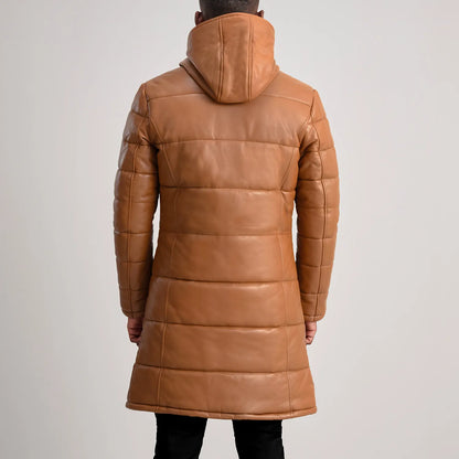 Floyd Tan Hooded Leather Puffer Coat