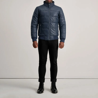 Lucas Blue Leather Puffer Bomber Jacket