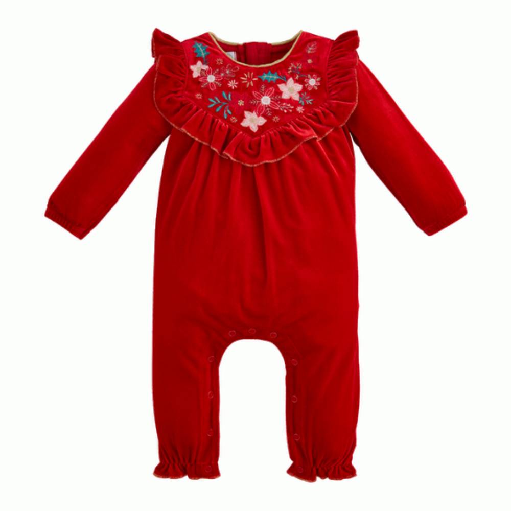 *Mud Pie Baby Velvet Embroidered Poinsettia Bodysuit - FINAL SALE